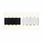 Black and white exterior wall light with warm criss-cross beam
