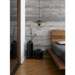 Astrid gun metal pendant light used as bedside hanging light beside modern wooden bed