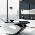 Astrid kitchen island lighting in gun metal above modern black white island counter