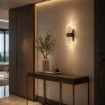 Crystal rose gold wall sconce mounted at condo entrance foyer casting warm white ambient light on textured wall