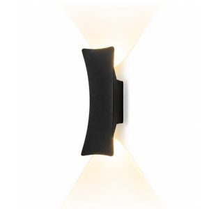 Black outdoor wall light on the wall with warm up-and-down beam