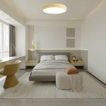 LED round ceiling light in lemon cream finish installed in modern bedroom with soft ambient lighting and low ceiling profile
