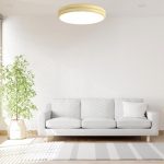 LED round ceiling light in lemon cream finish installed in modern living room with soft ambient lighting and slim profile design