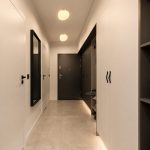 Greg Glass frosted glass ceiling wall light installed as ceiling mount in modern hallway corridor — two pieces shown
