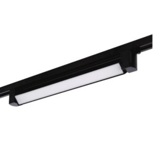 Black tiltable linear track light with a white diffuser installed on a black track rail.