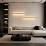 Linear wall lights mounted on modern living room feature wall above sofa
