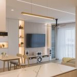 minimalist wood pendant light above BTO kitchen island