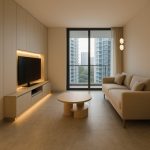 Lysa round wall sconce in minimalist Singapore condo living room