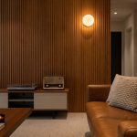 Lysa round wall sconce on wood slat feature wall in living room