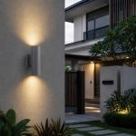 Exterior wall light twin spotlight installed on landed house outdoor wall warm white glow