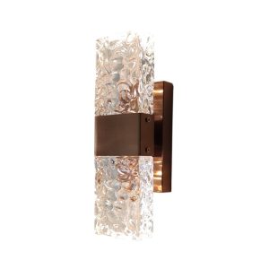 Crystal rose gold wall sconce with textured glass panels and rose gold hairline aluminium finish