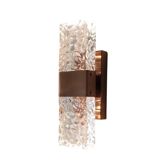 Crystal rose gold wall sconce with textured glass panels and rose gold hairline aluminium finish