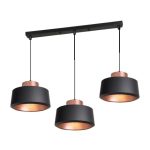 Modern hanging lights in black with rose gold detail on 3-head long mounting plate for dining table