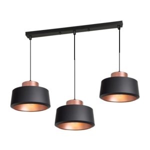 Modern hanging lights in black with rose gold detail on 3-head long mounting plate for dining table