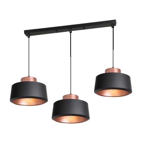 Modern hanging lights in black with rose gold detail on 3-head long mounting plate for dining table