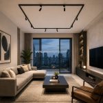 Matte black track light rail configured with L-connectors and adjustable spotlights in a Singapore condominium.