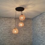 Mid century pendant light with three Jasper Coffee shades on round ceiling mount