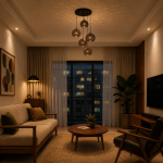 Mid century pendant light with five Copper Latte shades in Singapore condo living room