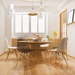 Point One Storm white ceiling fan corner installed in a dining room with ceiling mount design