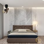 Point One Storm corner ceiling fan with walnut blade installed in bedroom