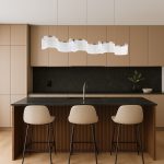 Seraphina dining table light pendant above modern kitchen island with bar stools