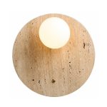 Stone round travertine wall light with frosted glass globe and brass button switch, white background