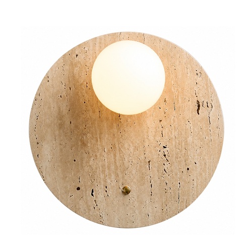 Stone round travertine wall light with frosted glass globe and brass button switch, white background