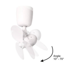 Point One Storm white ceiling fan corner showing adjustable tilt angle from 10 to 70 degrees