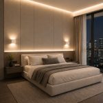 Square outdoor wall light used as bedside wall light in modern bedroom