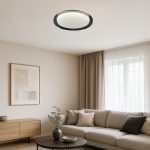 Aether round LED ceiling light installed in a living room, featuring a smoky grey double-layer shade that provides soft, glare-reduced lighting