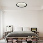 Aether round LED ceiling light installed in a bedroom, featuring a smoky grey double-layer shade that reduces glare and provides comfortable lighting
