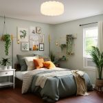Clara round LED ceiling light in bedroom with soft warm white glow and acrylic lampshade