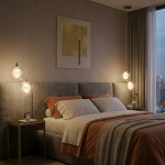 Dining pendant light in clear glass used as hanging bedside lamps in a modern bedroom