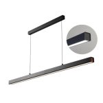 Modern black linear pendant light with walnut end cap