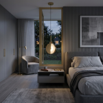 Solaris bedside lamp in matt gold used as a bedside pendant light in a modern bedroom