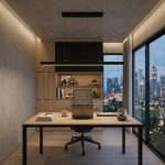 Black study pendant light with slim long rectangle hanging lamp design above desk