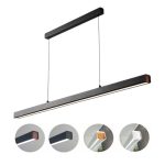 Long pendant light in black and white colour options with wood end-cap variations