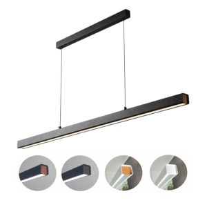 Long pendant light in black and white colour options with wood end-cap variations