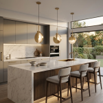 Solaris kitchen pendant lighting in matt gold installed above a modern kitchen island
