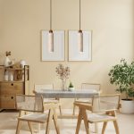 Modern pendant lamp with stone texture above dining table in minimalist interior