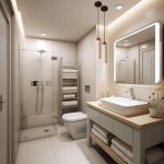 Wabi sabi pendant light installed beside bathroom mirror in soft neutral space