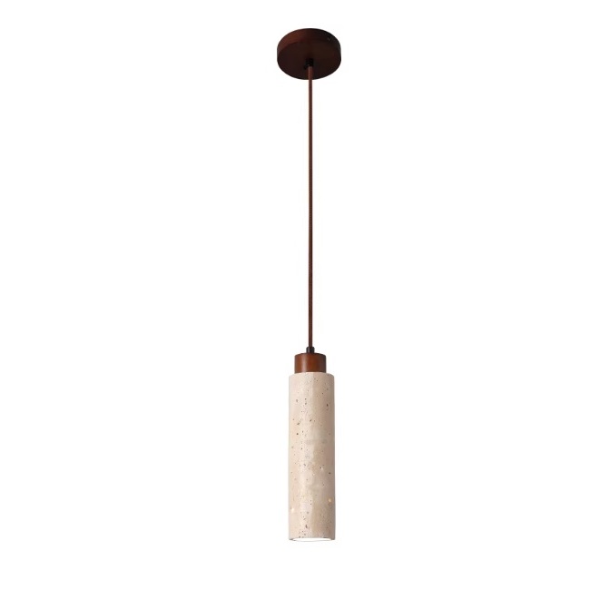 Stone Pendant Light Product View Stone pendant light in beige yellow travertine texture with walnut wood detail