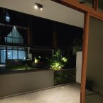 Twin rotatable LED ceiling spotlight installed on balcony ceiling, adjustable spotlight ceiling light for outdoor residential lighting