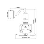 Acorn DC360 corner fan wall mount measurement drawing showing 16 inch blade span, 460mm height and 274mm projection