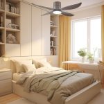 Bestar Falcon contemporary ceiling fan in mocha with 4 blades installed in a bedroom, modern ceiling fan with light