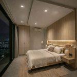 Square recessed downlight installed in modern bedroom false ceiling with small GU10 recessed downlight fittings