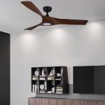 Mowe Atlas Designer smart ceiling fan in black with dark wood installed in living room