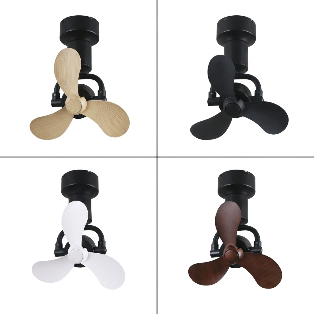 Small corner fan Youkain YJ-713 shown in black, white, pine wood, and cherrywood blade finishes