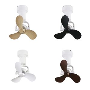 Ceiling mount corner fan shown in white body with pine blade, black blade, white blade, and cherrywood blade options