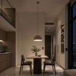 latte modern high ceiling lighting above condo dining table